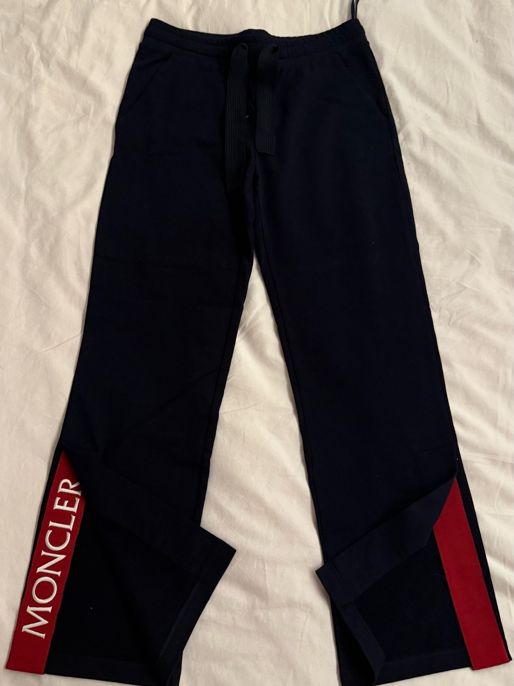 Moncler Navy Sweatpants with Red Side Panels and White Logo